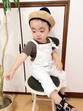 「カーキ×ホワイト」｜「アイテム（サロペット/オーバーオール）」を使った、yuuu_iiiさん（キッズ・80cm）の夏コーディネート