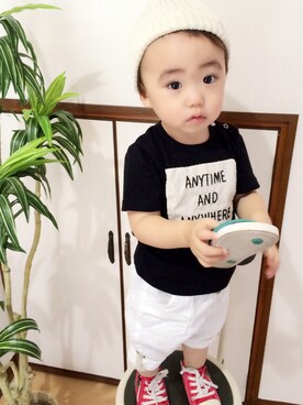 「H&M（エイチ・アンド・エム）のアイテム（その他パンツ、ホワイト系）」を使った、yuuu_iiiさん（キッズ・80cm）の夏コーディネート