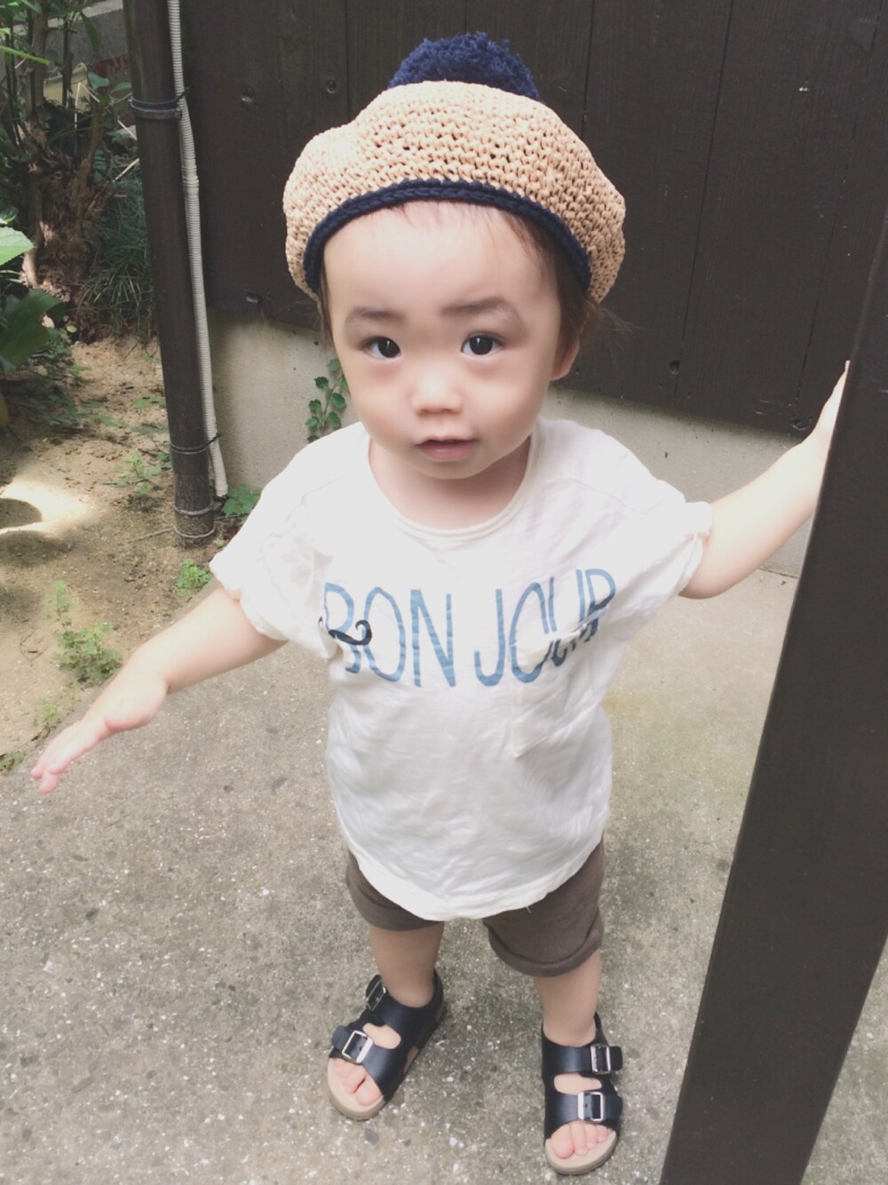 「夏コーデ、男の子コーデ、キッズコーデ、麦わらベレー帽」｜「manmaru.aのアイテム（帽子、ベージュ系）」を使った、yuuu_iiiさん（キッズ・80cm）の夏コーディネートの1枚目の写真