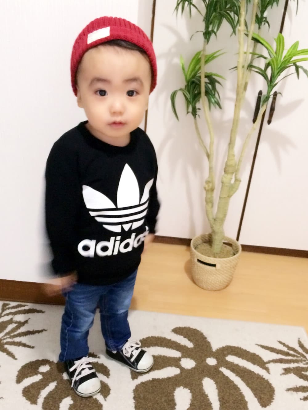 「男の子コーデ、キッズコーデ、秋のコーデ、アディダス、ニット帽、黒コンバース」｜「petit mainのシンプルニット帽（ニットキャップ/ビーニー、レッド系）」を使った、yuuu_iiiさん（キッズ・80cm）の秋コーディネートの1枚目の写真