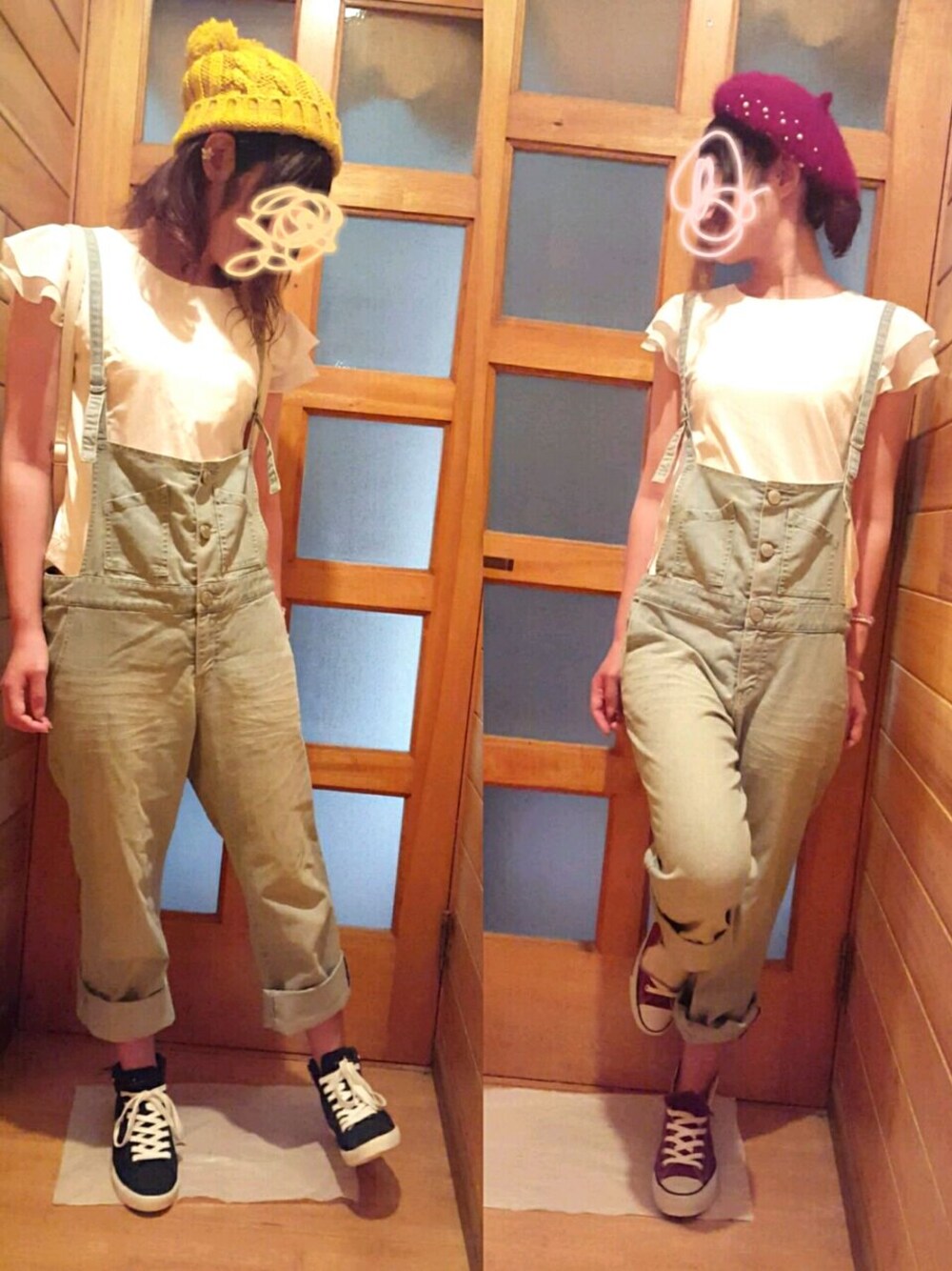 ブルー系のサロペット/オーバーオール、ホワイト系のシャツ/ブラウス、レッド系のスニーカーを着用したレディースの秋コーディネートの1枚目の写真