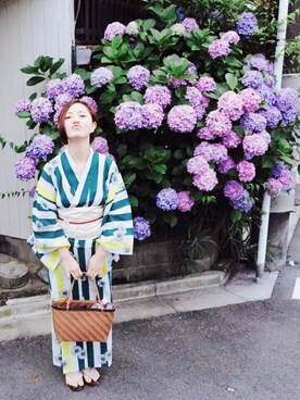 「アイテム（浴衣、グリーン系）」を使った、津木あかねさん（レディース・161cm）の秋コーディネート