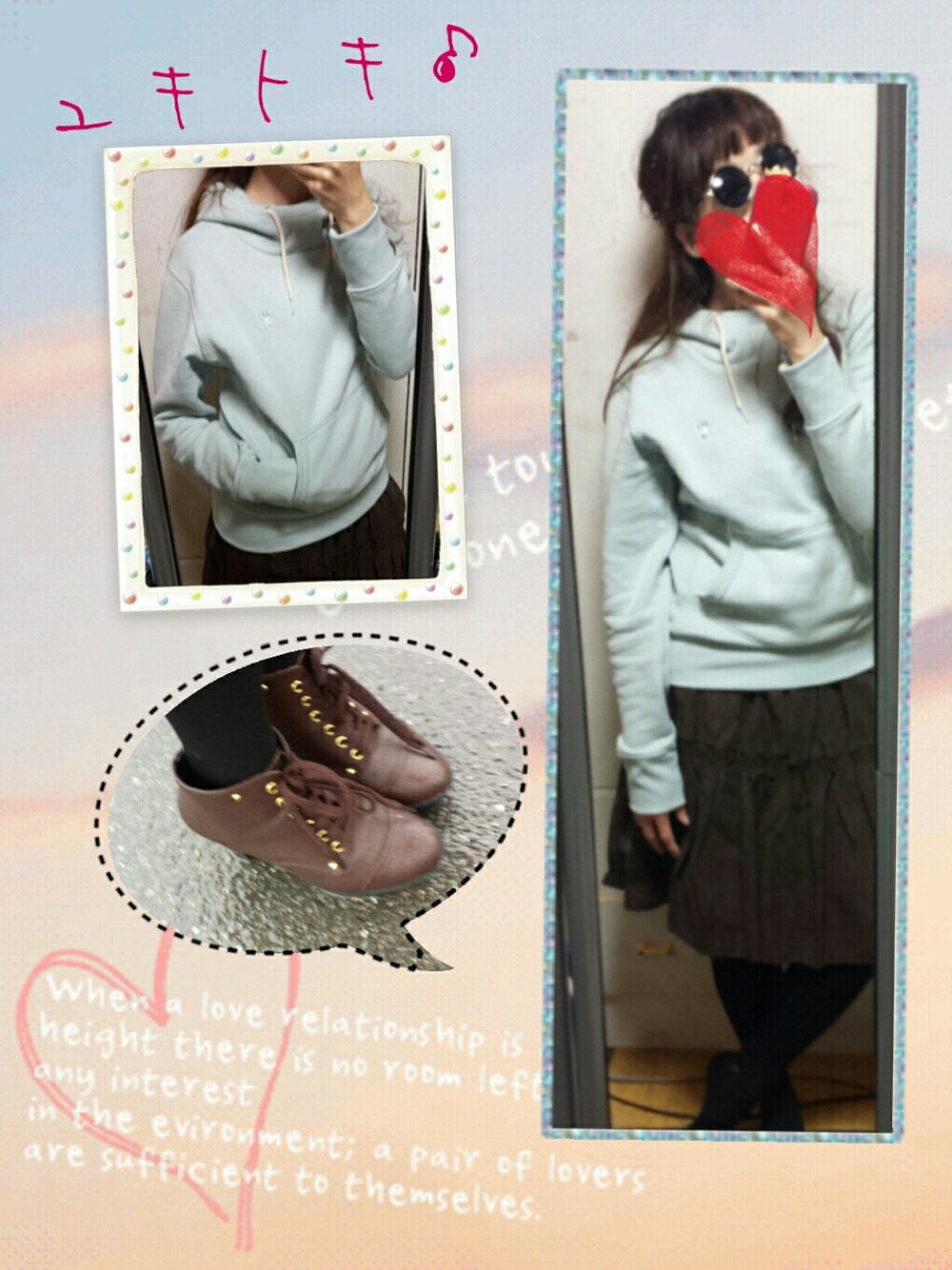 ブルー系のパーカー、ブラウン系のブーツを着用したレディースの冬コーディネートの1枚目の写真