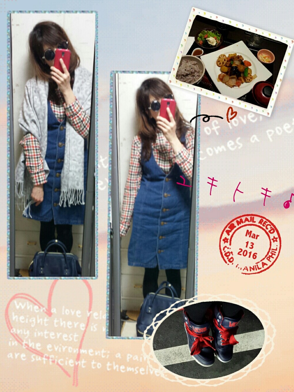 ブルー系のワンピース/ドレス、オレンジ系のシャツ/ブラウス、ブルー系のバックパック/リュックを着用したレディースの春コーディネートの1枚目の写真