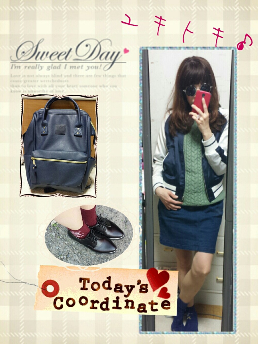 ブルー系のバックパック/リュック、ブルー系のスタジャンを着用したレディースの春コーディネートの1枚目の写真