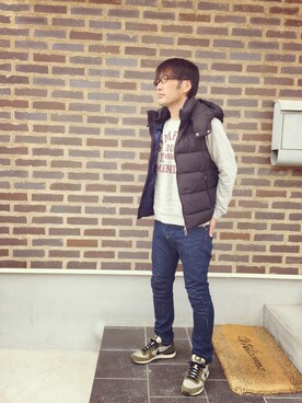 「Johnbull Private labo（ジョンブルプライベートラボ）のアイテム（ダウンベスト）」を使った、のっちさん（メンズ・176cm）の冬コーディネート