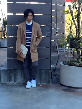 「アイテム（クラッチバッグ、ホワイト系）」を使った、鈴木隆文さん（メンズ・178cm）の冬コーディネート