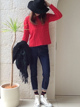 「アイテム（その他、レッド系）」を使った、ayaさん（レディース・161cm）の冬コーディネート