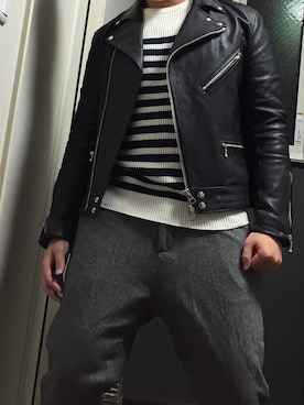 「グレーパンツ」｜「アイテム（ライダースジャケット）」を使った、たろーさん（メンズ・175cm）の冬コーディネート