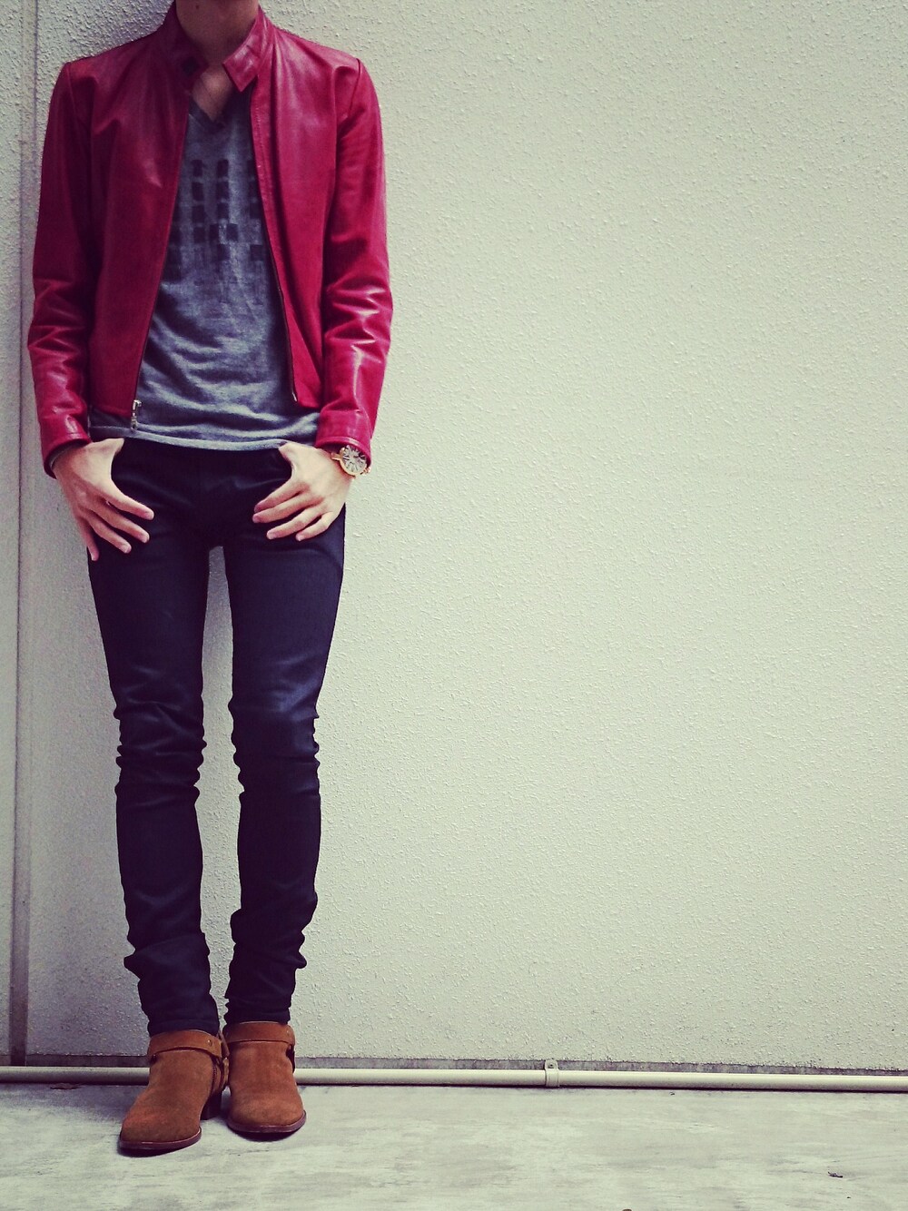 「レザージャケット、saintlaurent 、men、日本」｜「Saint Laurentのアイテム（その他パンツ、ブラック系）」を使った、あきてるさん（メンズ・178cm）の秋コーディネートの1枚目の写真