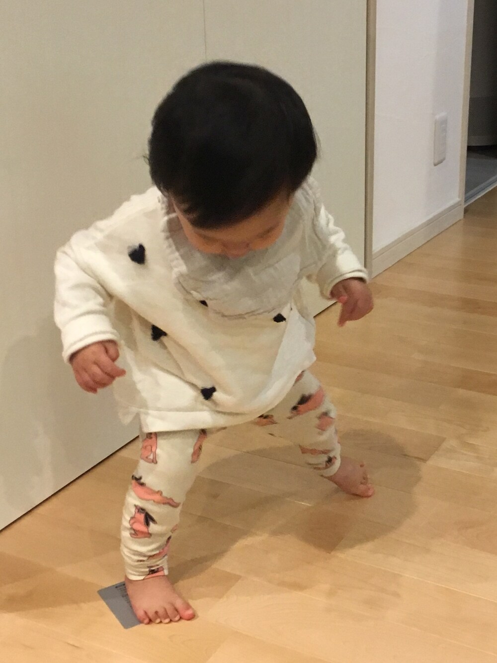 「カジュアルコーデ、女の子、シンプル、11か月、０歳、minirodini、ZARA KIDS」｜「ZARA KIDSのアイテム（スウェット、ホワイト系）」を使った、tatatari☆さん（キッズ・70cm）の秋コーディネートの1枚目の写真