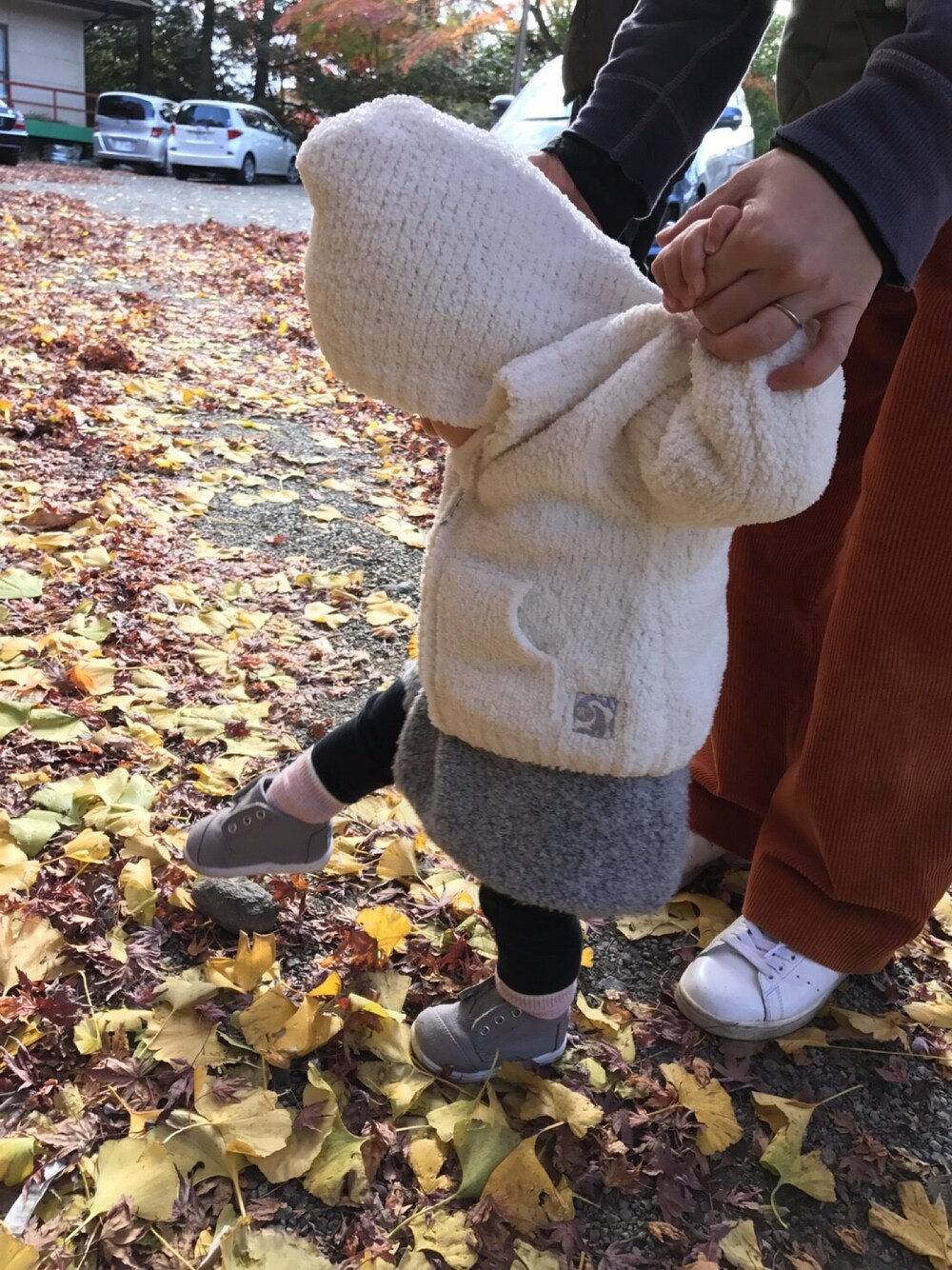 「kidsfashion、おんなのこコーデ、ベビーコーデ、kashware、おそとあそび」｜「kashwareのアイテム（カーディガン/ボレロ、ホワイト系）」を使った、tatatari☆さん（キッズ・70cm）の秋コーディネートの1枚目の写真