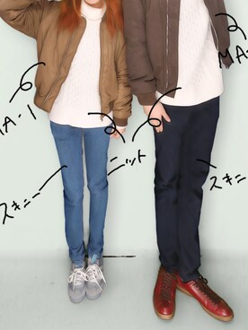 「GU（ジーユー）のアイテム（ニット/セーター、ホワイト系）」を使った、おざきひなさん（レディース・152cm）の冬コーディネート