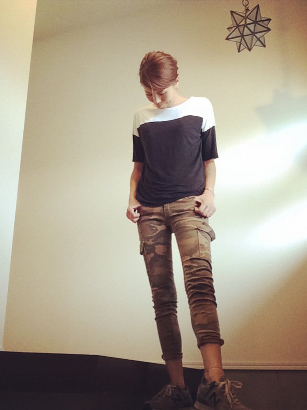 「シンプル、カモフラ、バイカラー、New Balance、ニューバランス、ZARA」｜「NEW BALANCEのML574-VGN　／　Ｎｅｗ　Ｂａｌａｎｃｅ　／　ニューバランス（スニーカー、グレー系）」を使った、sayakaさん（レディース・166cm）の夏コーディネートの1枚目の写真