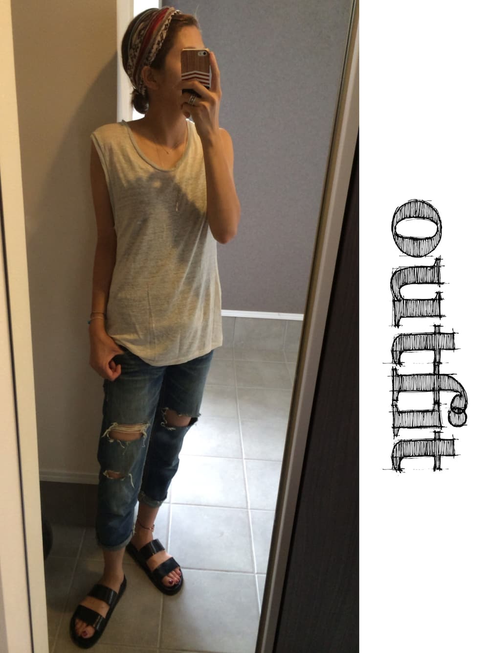「シンプル、ターバン、ZARA、サンダル、ダメージデニムパンツ、WEARBOOKエントリー」｜「ZARAのアイテム（サンダル、ブラック系）」を使った、sayakaさん（レディース・166cm）の夏コーディネートの1枚目の写真