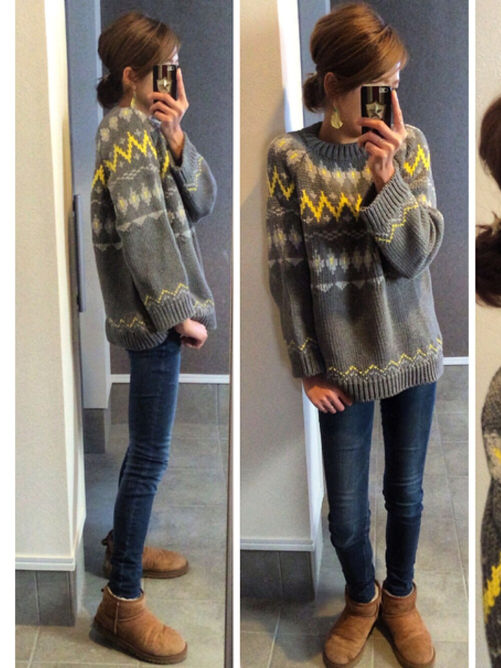 「ZARA、ZARA同盟、UNIQLO、ニット、スキニーデニム、UGG、ムートンブーツ、フェザー」｜「ZARAのアイテム（ニット/セーター、グレー系）」を使った、sayakaさん（レディース・166cm）の冬コーディネートの1枚目の写真