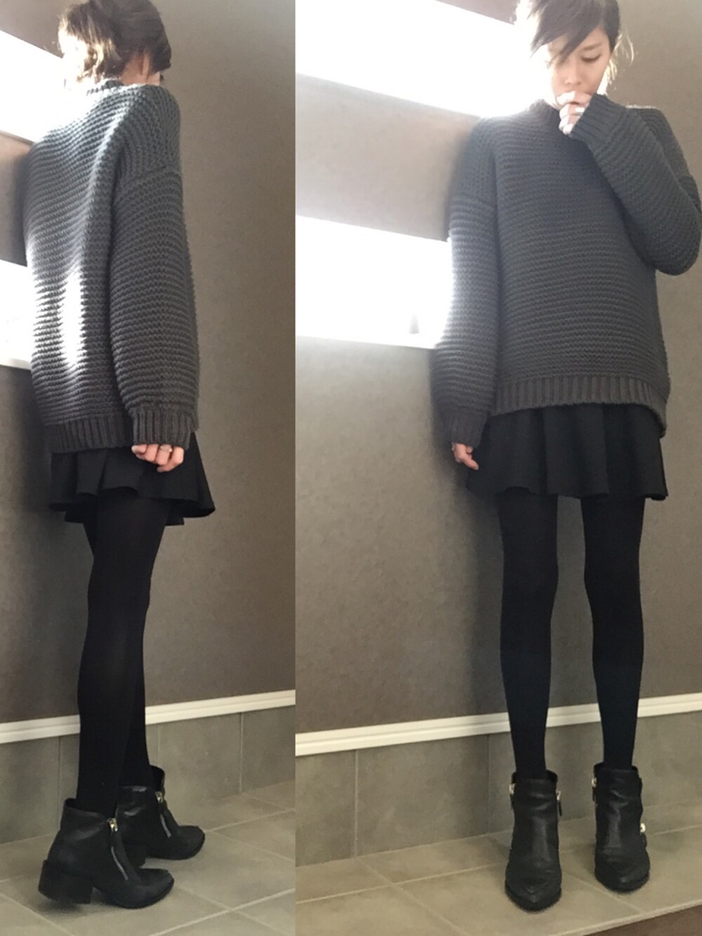 「UNIQLO、ZARA、kormarch、ざっくりニット、スカート、無造作ヘア、ヘアアレンジ、ママコーデ、シンプル」｜「KORMARCHのアイテム（ニット/セーター、グレー系）」を使った、sayakaさん（レディース・166cm）の冬コーディネートの1枚目の写真