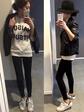 「MAISON KITSUNE」｜「アイテム（ライダースジャケット）」を使った、sayakaさん（レディース・166cm）の春コーディネート