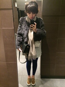 「Heather（ヘザー）のアイテム（ノーカラージャケット）」を使った、柏原さん（レディース・164cm）の冬コーディネート