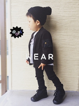 「Mini Rodini（ミニロディーニ）のアイテム（ニットキャップ/ビーニー）」を使った、Kさん（キッズ・90cm）の夏コーディネート