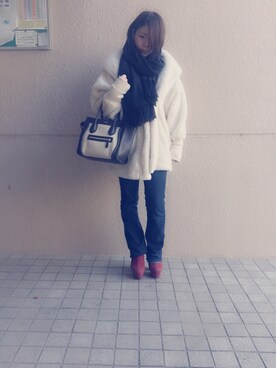 「アイテム（ブーティ、レッド系）」を使った、Rionさん（レディース・157cm）の冬コーディネート