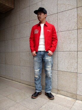 「red」｜「アイテム（その他アウター）」を使った、RealjamSTAFFさん（メンズ・170cm）の秋コーディネート
