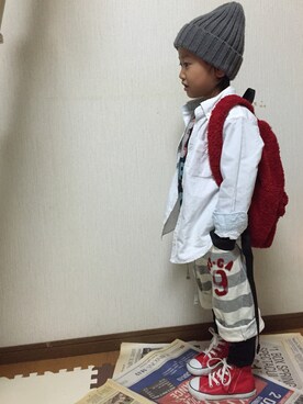 「CONVERSE（コンバース）のキッズ converse コンバース CHILD ALL STAR RZ HI チャイルド オールスター RZ ハイ RED（スニーカー、レッド系）」を使った、るかるかさん（メンズ・165cm）の秋コーディネート