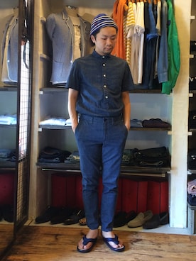 「BLUE BLUE（ブルーブルー）のアイテム（ニットキャップ/ビーニー）」を使った、宇井翼さん（メンズ・164cm）の春コーディネート