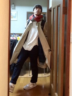 「アイテム（ステンカラーコート）」を使った、おすかーさん（メンズ・173cm・10代）の冬コーディネート