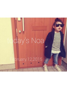 「ぺプラムトップス」｜「アイテム（チェスターコート）」を使った、noaさん（キッズ・100cm）の冬コーディネート