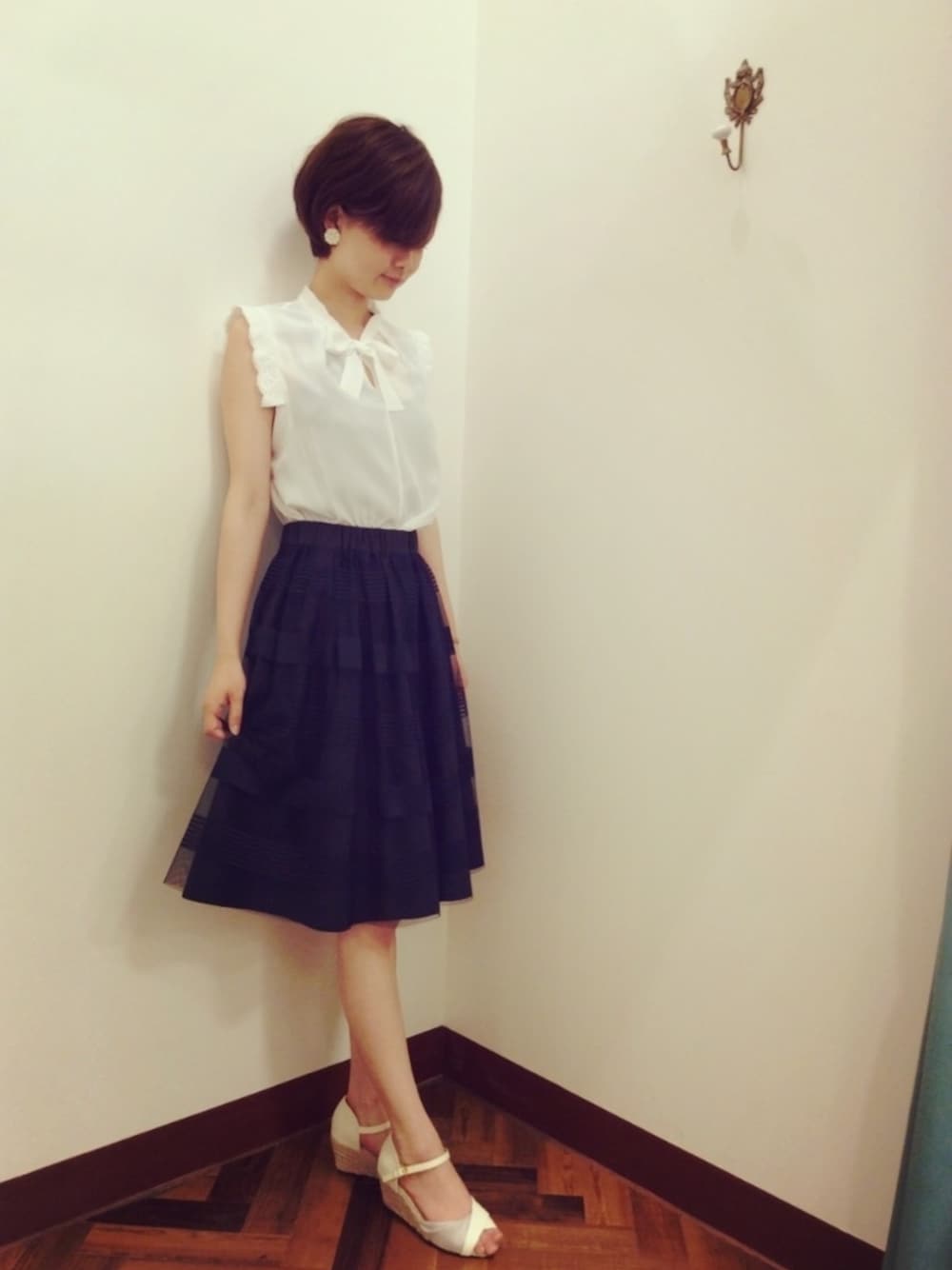 「＃ボーダー、#レース、＃スカート、#チュールスカート、#白、#ホワイト、#summer、#サンダル、#GreadyBrilliant、＃AuieF」｜「Gready Brilliantのレースノースリブ　ボウタイブラウス（シャツ/ブラウス、ホワイト系）」を使った、GreadyBrilliantSTAFFさん（レディース・169cm）の夏コーディネートの1枚目の写真