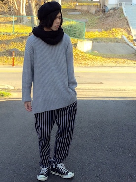 「UNUSED」｜「アイテム（ハンチング/ベレー帽）」を使った、Rさん（メンズ・175cm）の冬コーディネート