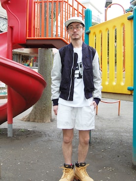 「MACKDADDY（マックダディー）のCOTTON MA-1 TYPE JACKET（ミリタリージャケット）」を使った、シグちゃんMACKDADDYさん（メンズ・176cm）の春コーディネート