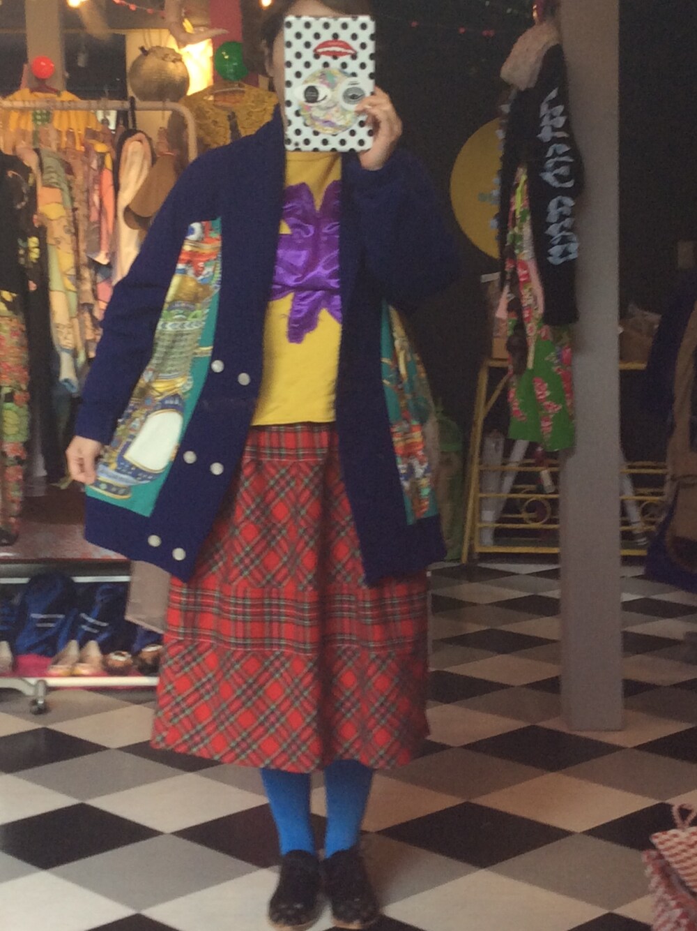 「COMME des GARCONS、tricot COMME des GARCONS、daydream nation、L'enfantillage、swash、スケルトンシューズ、ドット、Tartan 、check、カラータイツ」｜「L'enfantillageのオリジナルカラータイツ 🔜手染め （タイツ/ストッキング、ブルー系）」を使った、mari_cache2さん（レディース・163cm）の秋コーディネートの1枚目の写真
