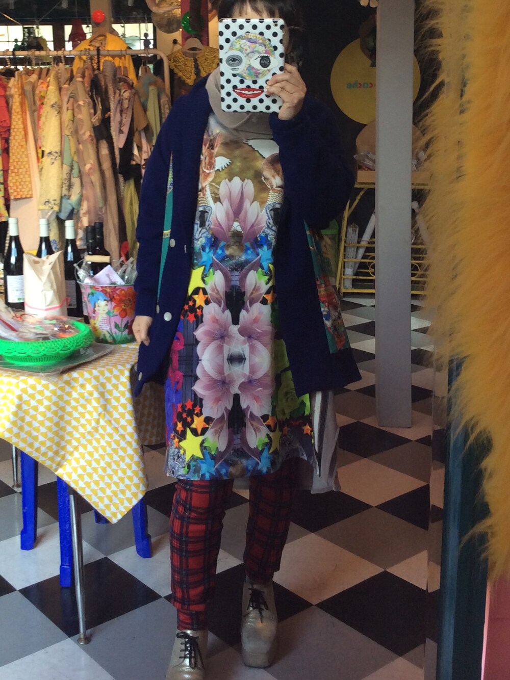 「COMME des GARCONS、comme des garçons homme plus、swash、swash london、Tata Christiane、アニマルプリント、ビッグシルエット、ユニセックス、Tartan 、check」｜「tata christianeのチュニックワンピース（チュニック、グレー系）」を使った、mari_cache2さん（レディース・163cm）の冬コーディネートの1枚目の写真