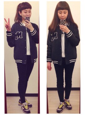 「NICE CLAUP（ナイスクラップ）のアイテム（スタジャン）」を使った、Valerie Wang さん（レディース・157cm）の冬コーディネート