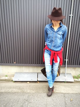 「ダンガリーシャツ」｜「アイテム（ブーティ）」を使った、S@COさん（レディース・154cm）の秋コーディネート