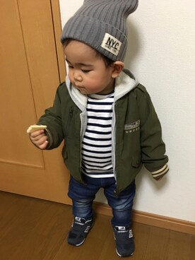 「COMME CA ISM（コムサイズム）のアイテム（スタジャン）」を使った、haru♡さん（キッズ・80cm）の冬コーディネート