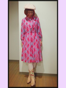 「レトロワンピース」｜「アイテム（ハンチング/ベレー帽）」を使った、ちなつ*さん（レディース・152cm）の秋コーディネート