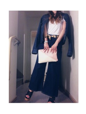 「AZUL by moussy（アズールバイマウジー）のｵｰｶﾞﾆｯｸｺｯﾄﾝVﾈｯｸ半袖PO（Tシャツ/カットソー）」を使った、nao。さん（レディース・155cm）の春コーディネート