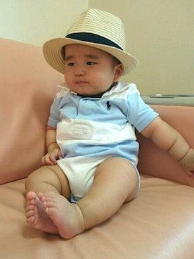 「RALPH LAUREN（ラルフ ローレン）のベビー/ショートオール（ロンパース、ブルー系）」を使った、おーすけさん（キッズ・80cm）の夏コーディネート