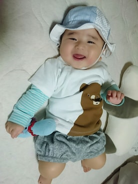 「無印良品（ムジルシリョウヒン）のベビー/半袖Tシャツ（Tシャツ/カットソー、ホワイト系）」を使った、おーすけさん（キッズ・80cm）の夏コーディネート