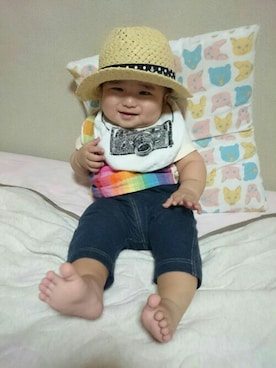 「no brand（ノーブランド）のベビー/ハット（ハット、ベージュ系）」を使った、おーすけさん（キッズ・80cm）の夏コーディネート