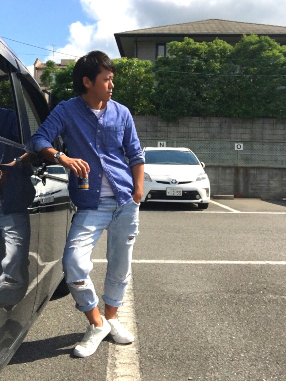 「オトナカジュアル、スニーカー、夏、きれいめカジュアル、グラデーション、ZARA、GU、音楽で繋がる、爽やかコーデ」｜「シャツのボタンが❤️のアイテム（シャツ/ブラウス、ブルー系）」を使った、masAさん（メンズ・168cm）の夏コーディネートの1枚目の写真