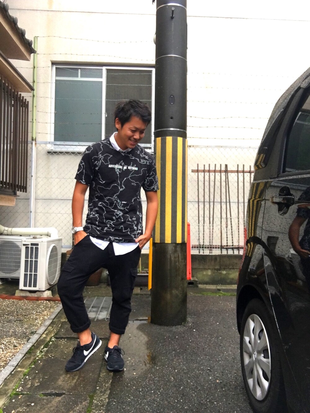 「ZARA、オトナカジュアル、ストリート、NIKE、プレゼント、モノトーン」｜「ZARAのアイテム（Tシャツ/カットソー、ブラック系）」を使った、masAさん（メンズ・168cm）の夏コーディネートの1枚目の写真