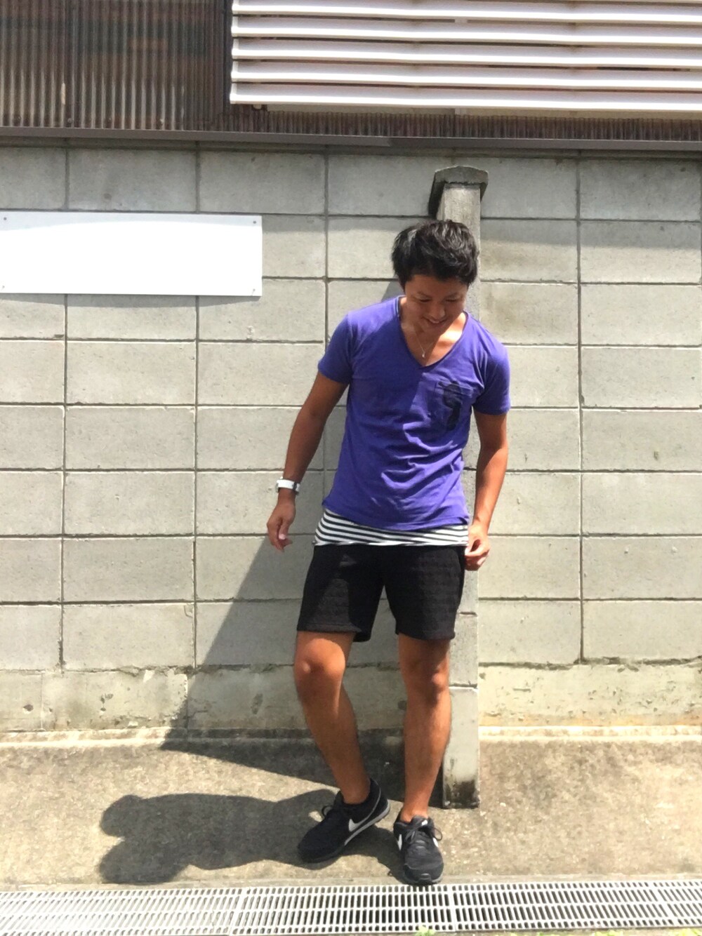 「スニーカー、タンクトップ、短パン、ショートパンツ、レイヤードスタイル、ボーダー、NIKE、夏」｜「別verのアイテム（その他、その他）」を使った、masAさん（メンズ・167cm）の夏コーディネートの1枚目の写真