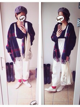 「大判ストール」｜「アイテム（サロペット/オーバーオール）」を使った、meiさん（レディース・168cm）の秋コーディネート