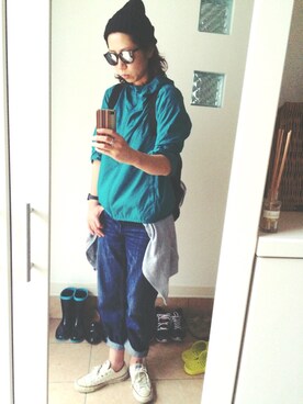 「アイテム（ナイロンジャケット、グリーン系）」を使った、meiさん（レディース・169cm）の夏コーディネート