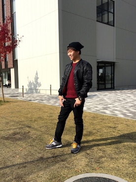 「ワインレッド」｜「アイテム（MA-1）」を使った、シノミーさん（メンズ・164cm）の秋コーディネート