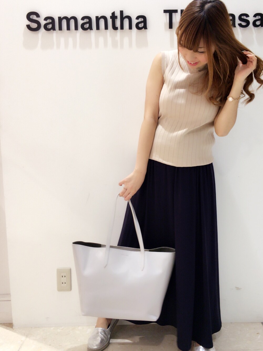 「サマンサタバサ、Samantha Thavasa、中村アン、コラボ、プチプラコーデ」｜「Samantha Thavasaの【雑誌掲載アイテム】中村アンコラボソフトトート（トートバッグ、グレー系）」を使った、いっしー(^^)♡さん（レディース・156cm）の夏コーディネートの1枚目の写真